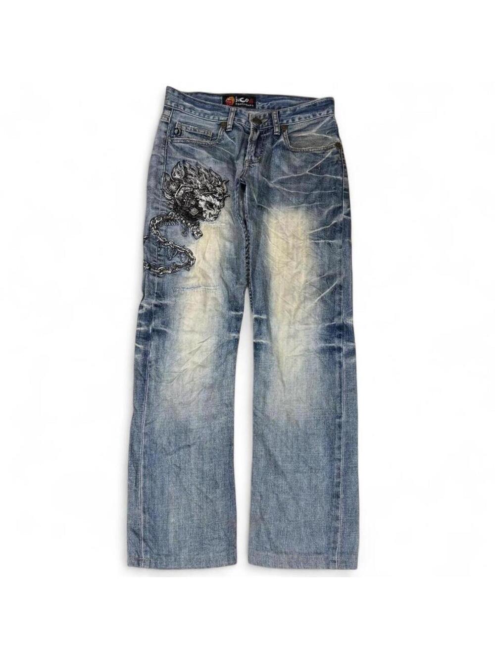 RARE Y2K VINTAGE EMBROIDERED JIZO CHAIN SKULL DENIM JEANS
